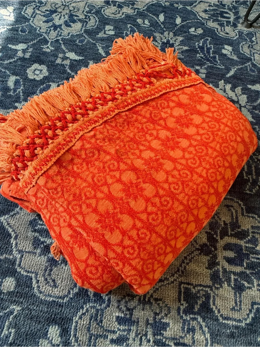 Vintage Bates pumpkin orange woven jacquard fringe bedspread Double size AS IS